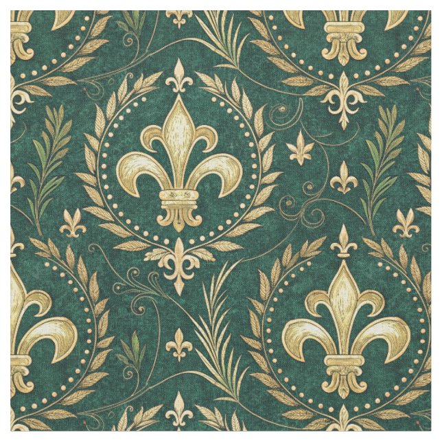 Emerald Green & Gold Crest Royal Damask Pattern Fabric (Close Up)