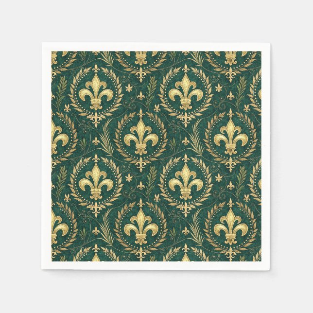 Emerald Green & Gold Crest Royal Damask Pattern Napkin (Front)