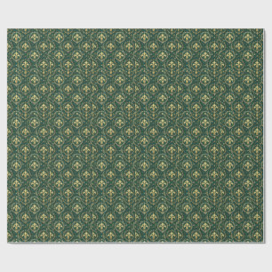 Emerald Green & Gold Crest Royal Damask Pattern Wrapping Paper