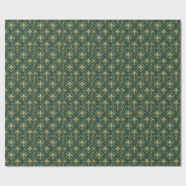 Emerald Green & Gold Crest Royal Damask Pattern Wrapping Paper (Flat)
