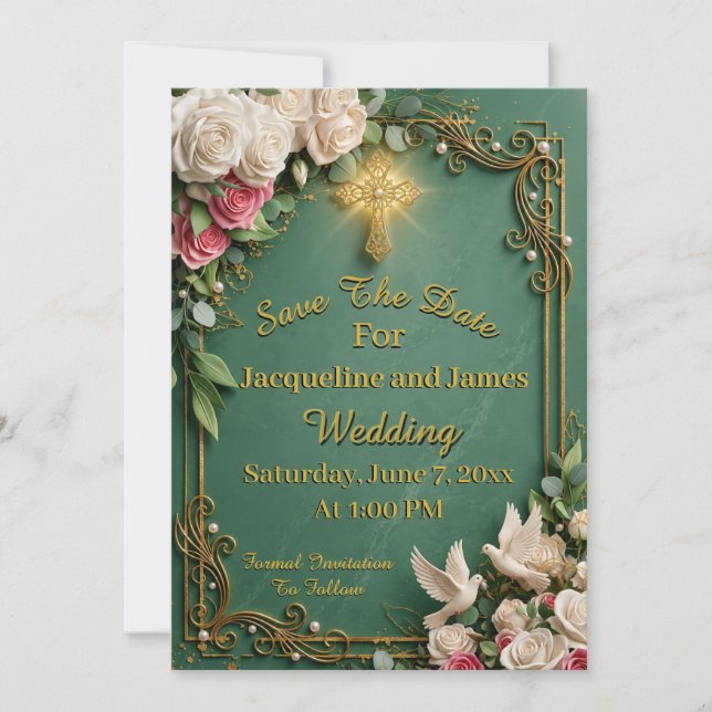 Emerald Green Gold Cross Christian Save The Date (Front)