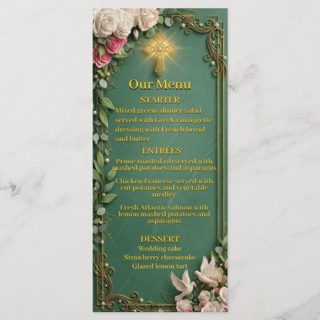 Emerald Green Gold Cross Christian Wedding  Menu (Front)