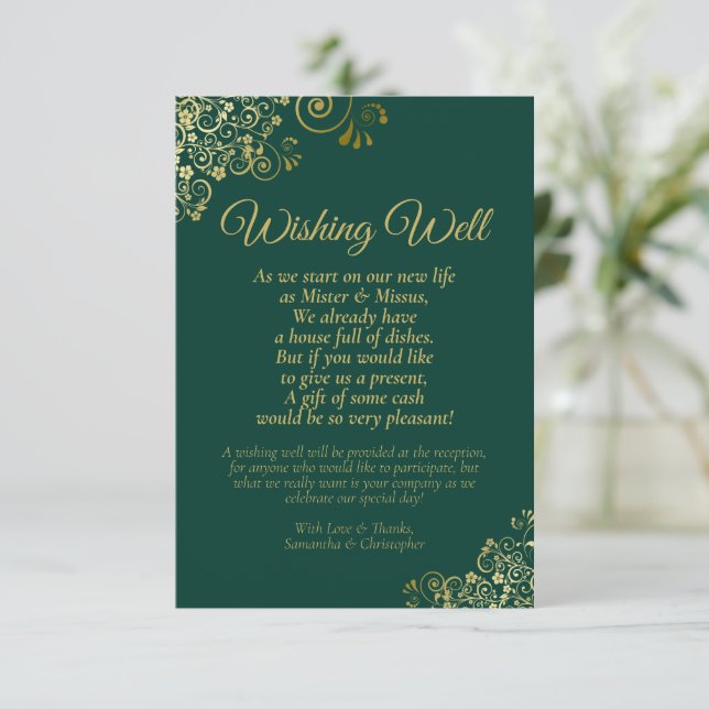 Emerald Green Gold Curls Wedding Wishing Well Poem Enclosure Card (Standing Front)