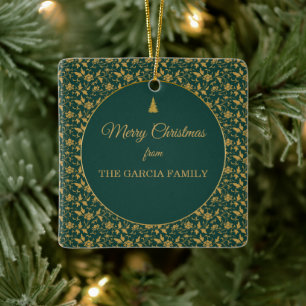 Emerald Green Gold Damask Christmas. Ceramic Ornament