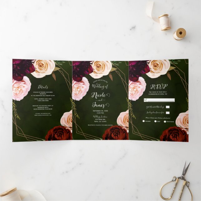 Emerald Green Gold Dark Floral Trifold Wedding  (Inside)