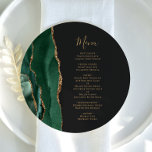 Emerald Green Gold Dark Round Plate Wedding Menu<br><div class="desc">The left-hand edge of this elegant modern wedding menu features an emerald green watercolor agate border trimmed with faux gold glitter. The customisable text combines gold-coloured whimsical handwriting script and copperplate fonts on a slate black background. The reverse side features a matching emerald green and gold agate design.</div>