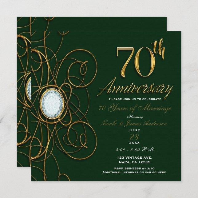 Emerald Green & Gold Diamond 70 70th Anniversary Invitation (Front/Back)