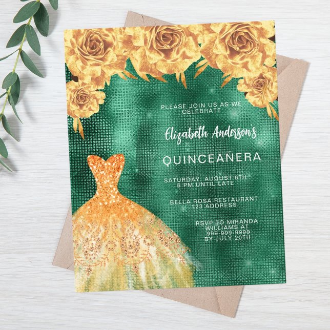 Emerald green gold dress floral budget Quinceanera (Creator Uploaded)