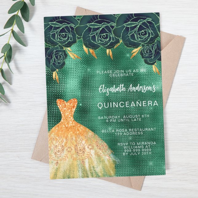 Emerald green gold dress floral luxury Quinceanera Invitation (Creator Uploaded)