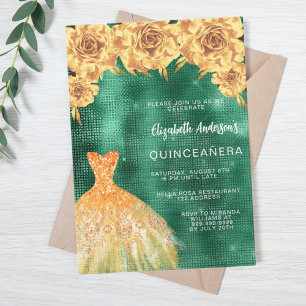 Emerald green gold dress floral Quinceanera Invitation