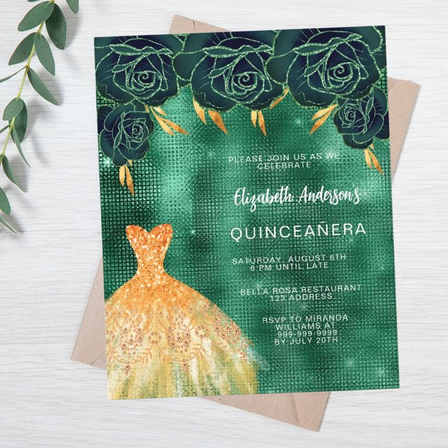 Emerald green gold dress Quinceanera invitation (Creator Uploaded)