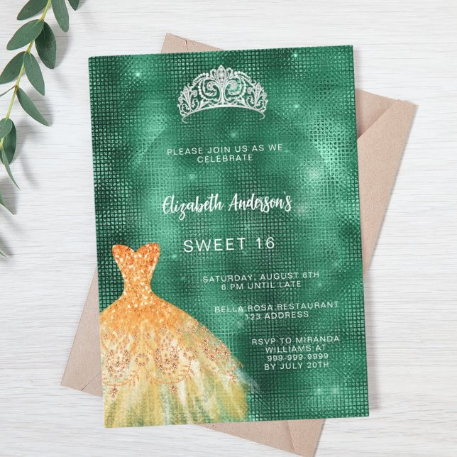 Emerald green gold dress tiara luxury Sweet 16 Invitation (Creator Uploaded)