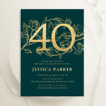 Emerald Green Gold Elegant 40th Birthday Invitation<br><div class="desc">Elegant emerald green gold 40th birthday party invitation. Customisable modern feminine design featuring roses botanical accents and faux glitter gold. Simple floral invite card perfect for a stylish female bday celebration. Personalise with your own details. Printed Zazzle invitations or instant download digital printable template.</div>