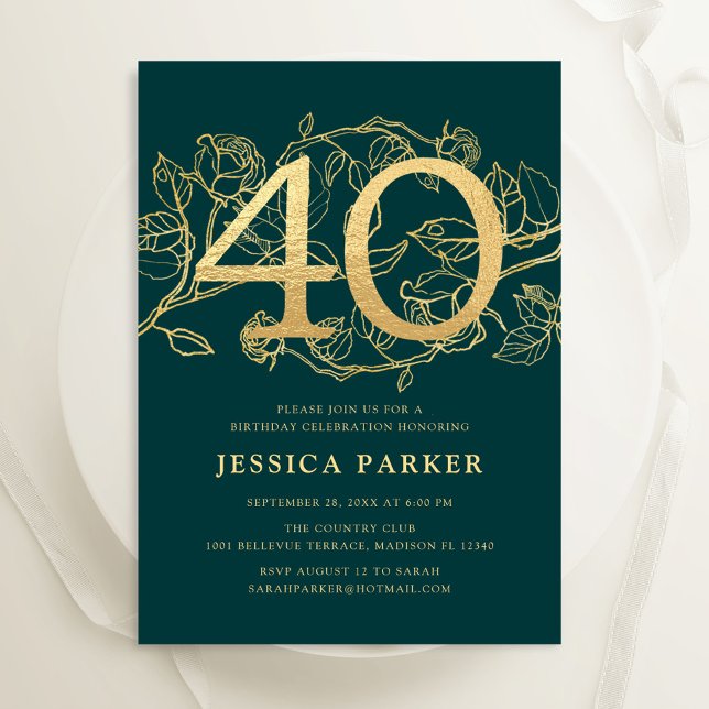 Emerald Green Gold Elegant 40th Birthday Invitation (Creator Uploaded)