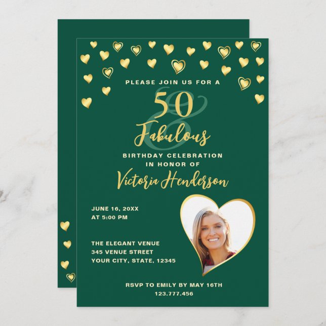 Emerald Green & Gold Elegant 50th Birthday Invitation (Front/Back)