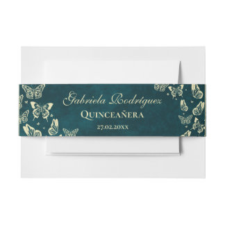 Emerald Green Gold Elegant Butterfly Quinceañera Invitation Belly Band