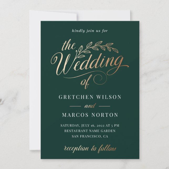 Emerald Green Gold Elegant Calligraphy Wedding  Invitation (Front)