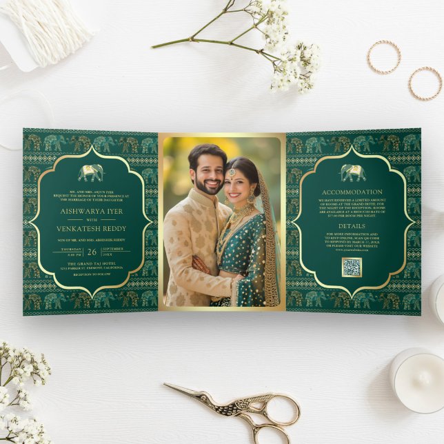 Emerald Green Gold Elephant Indian Photo Wedding Tri-Fold Invitation (Creator Uploaded)