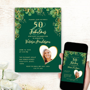 Emerald Green & Gold Eucalyptus 50th Birthday Invitation