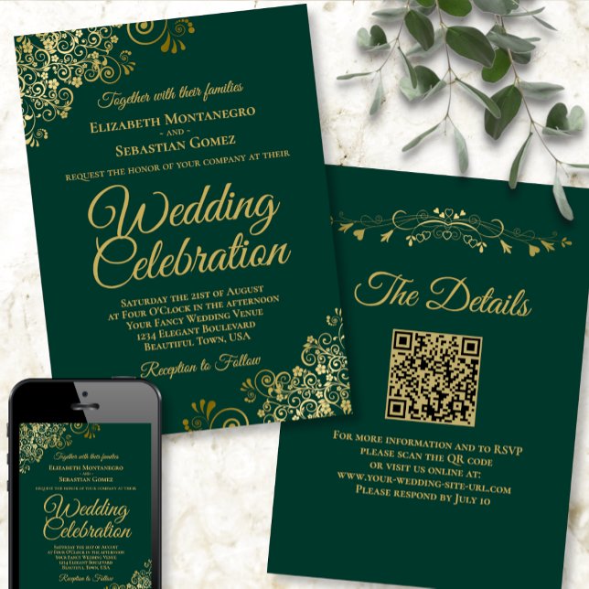 Emerald Green & Gold Fancy Elegant QR Code Wedding Invitation (Creator Uploaded)
