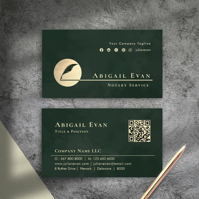Emerald Green Gold Feather Logo Notary Service Business Card (Emerald Green Gold Feather Logo Notary Service Business Card)