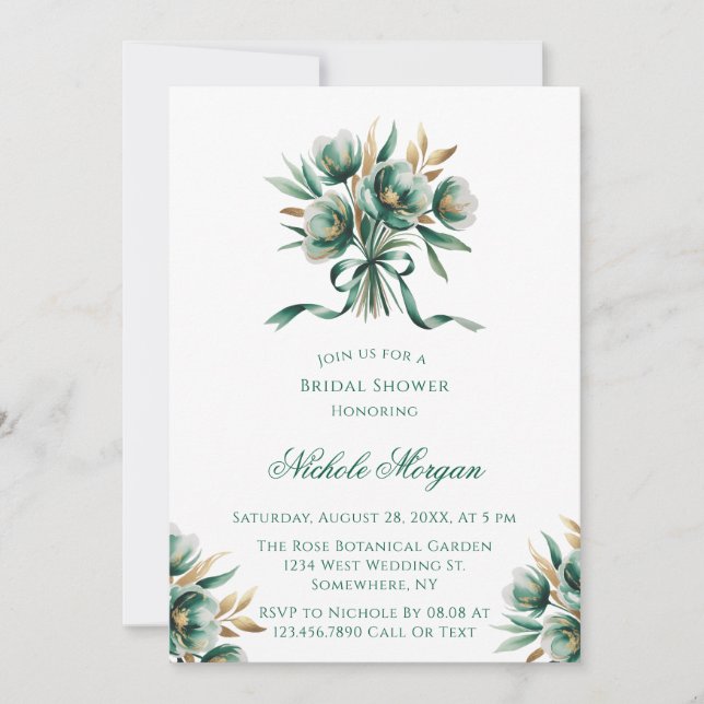 Emerald Green & Gold Floral Bridal Shower Invitation (Front)