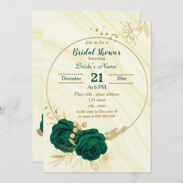 emerald green gold floral bridal shower invitation (Front/Back)