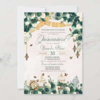 Emerald Green Gold Floral Butterflies Quinceanera