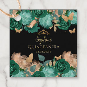 Emerald Green Gold Floral Butterfly Quinceañera Favour Tags