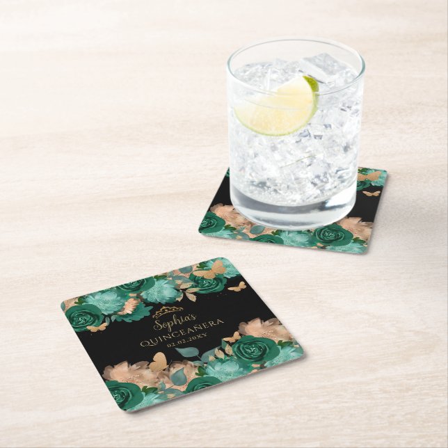 Emerald Green Gold Floral Butterfly Quinceañera  Square Paper Coaster (Insitu)