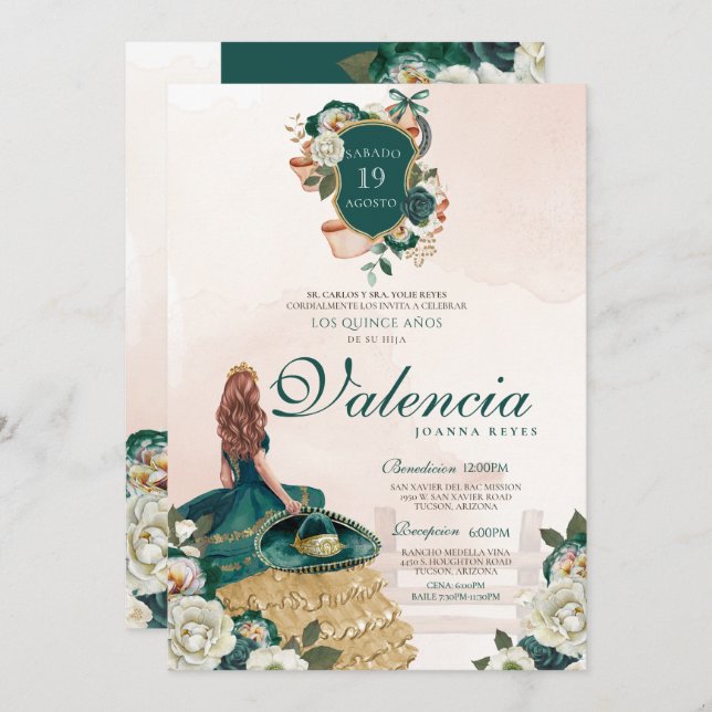 Emerald Green Gold Floral Crest Charra Quinceanera Invitation (Front/Back)
