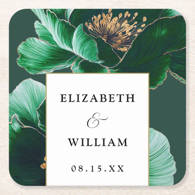 Emerald Green Gold Floral Elegant Modern Wedding Square Paper Coaster (Front)