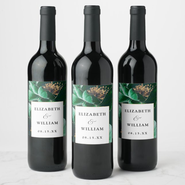 Emerald Green Gold Floral Elegant Modern Wedding Wine Label (Bottles)