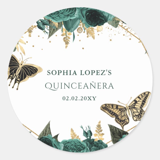 Emerald Green Gold Floral Elegant Quinceanera  Classic Round Sticker (Front)