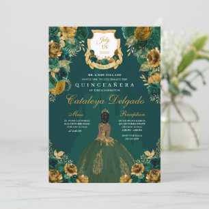Emerald Green & Gold Floral Elegant Quinceañera Invitation