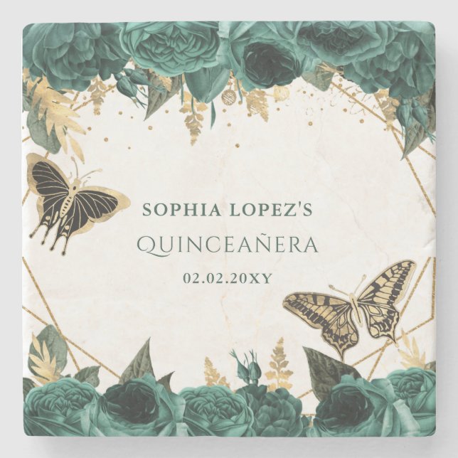 Emerald Green Gold Floral Elegant Quinceanera   Stone Coaster (Front)