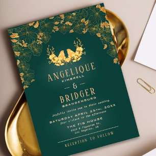 Emerald Green Gold Floral Foliage Birds Wedding Invitation