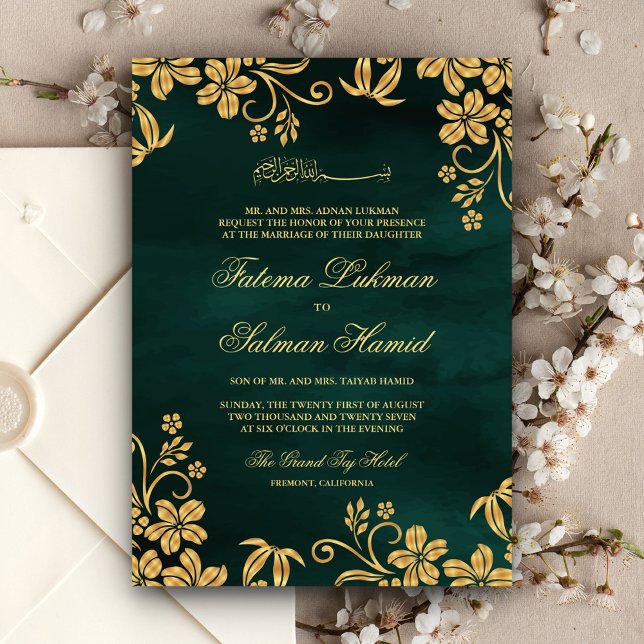 Emerald Green Gold Floral Islamic Muslim Wedding Invitation (Creator Uploaded)