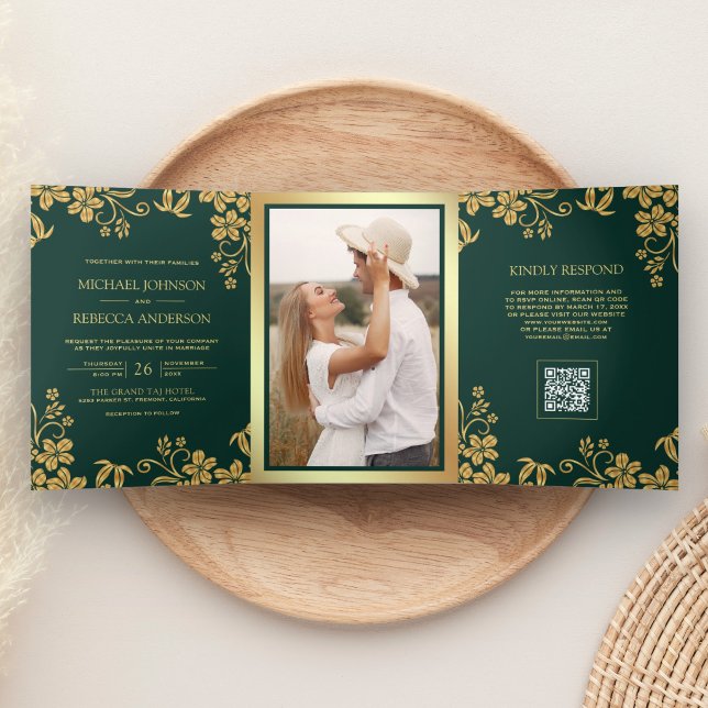 Emerald Green Gold Floral Leaves QR Code Wedding Tri-Fold Invitation (Creator Uploaded)