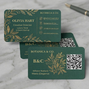 Emerald Green & Gold Floral Luxury Elegant Business Card