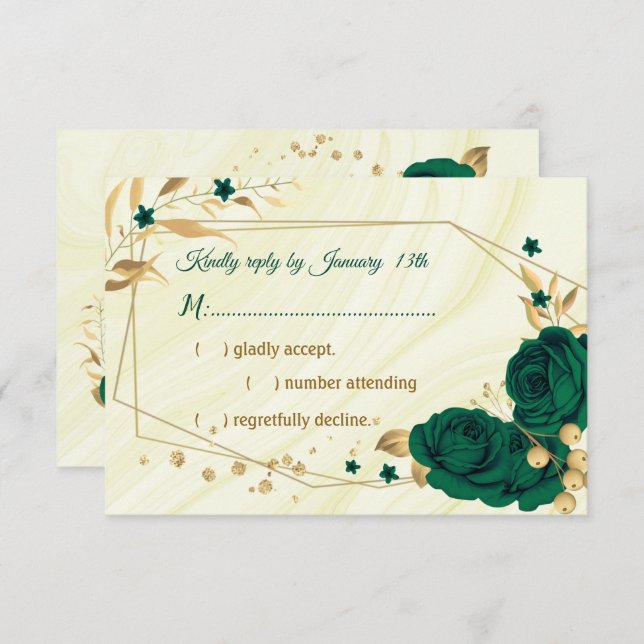 emerald green gold floral marble geometric RSVP card (Front/Back)