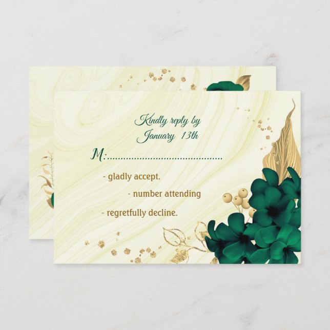 emerald green gold floral marble RSVP card (Front/Back)
