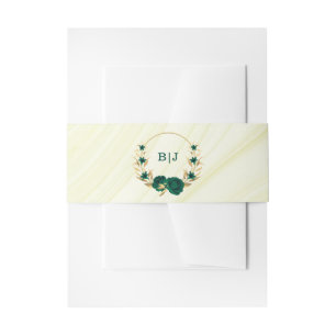 emerald green gold floral marble wedding invitation belly band