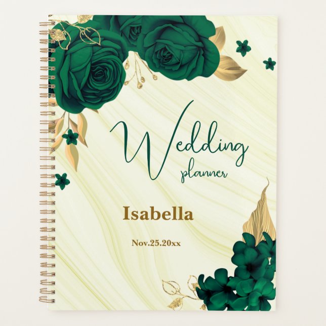 emerald green gold floral marble wedding planner (Front)