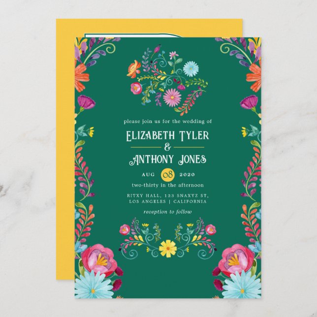 Emerald Green & Gold Floral Mexican Fiesta Wedding Invitation (Front/Back)