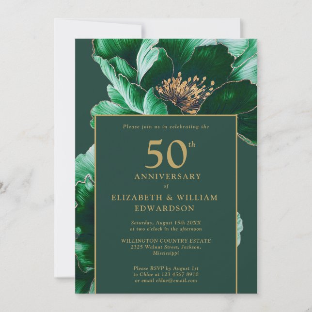 Emerald Green Gold Floral Modern 50th Anniversary Invitation (Front)