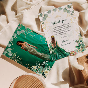 Emerald Green Gold Floral Photo Quinceanera Thank You Card