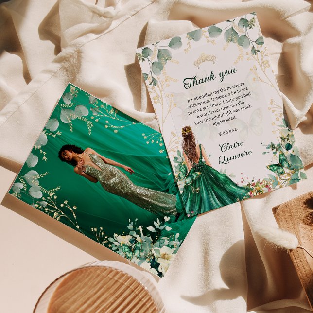 Emerald Green Gold Floral Photo Quinceanera Thank You Card (Creator Uploaded)