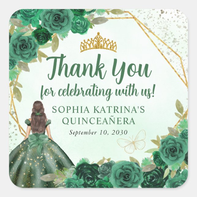 Emerald Green Gold Floral Princess Crown Thank You Square Sticker (Front)