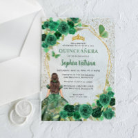 Emerald Green Gold Floral Princess Quinceañera